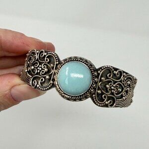 Vtg BA SUARTI 925 Sterling Silver Ornate Scroll Blue Chalcedony Cuff Bracelet